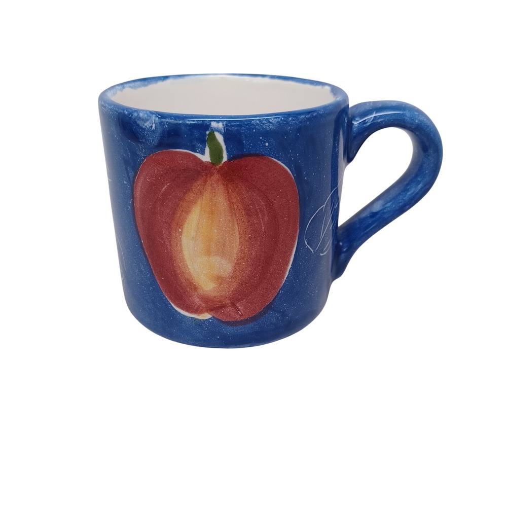 Pottery Barn Apple Mug Blue Hand Painted Ceramic Coffee Cup Made in Mexico 3.25"
